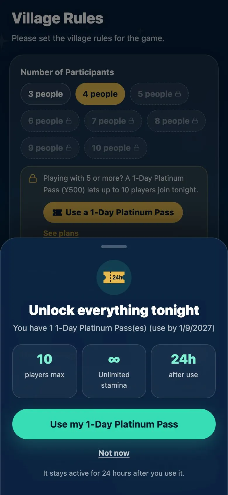 The screen when you already own a pass. It says you have one 1-Day Platinum Pass and when it must be used by, with a “Use my 1-Day Platinum Pass” button