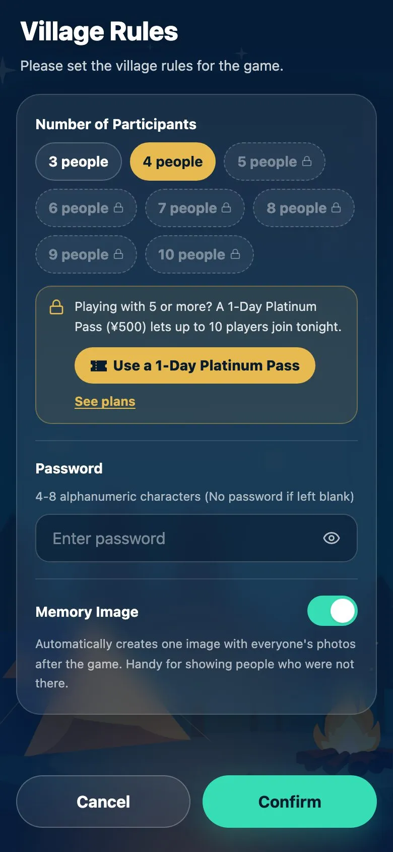 The Village Rules screen you see when creating a village. Player counts 5 through 10 show a lock, with a “Use a 1-Day Platinum Pass” button below