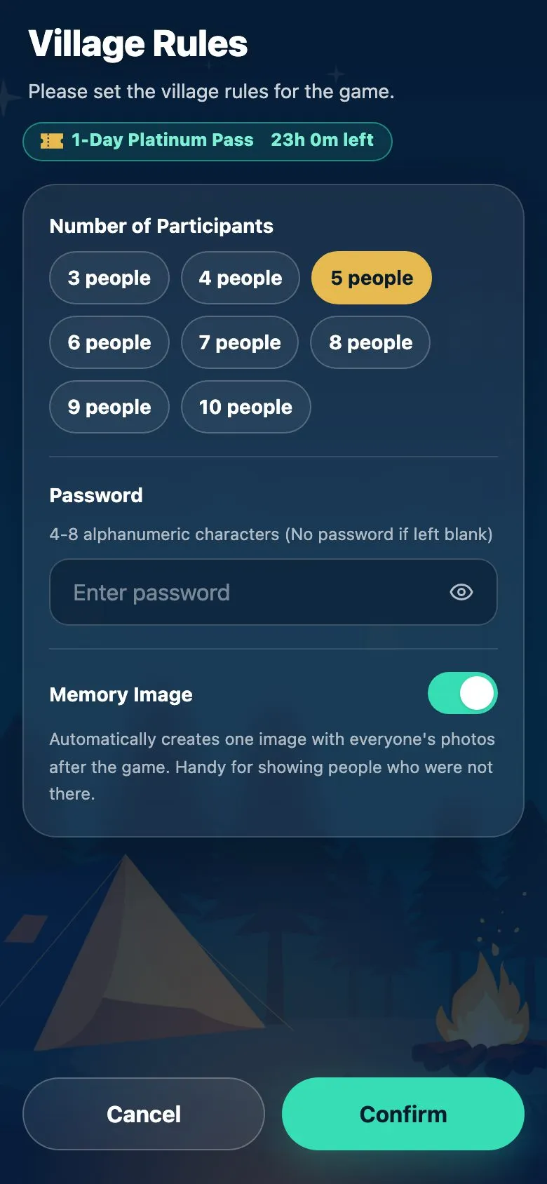 The Village Rules screen after using the pass. The time left on the 1-Day Platinum Pass appears under the heading, and the player counts are no longer locked