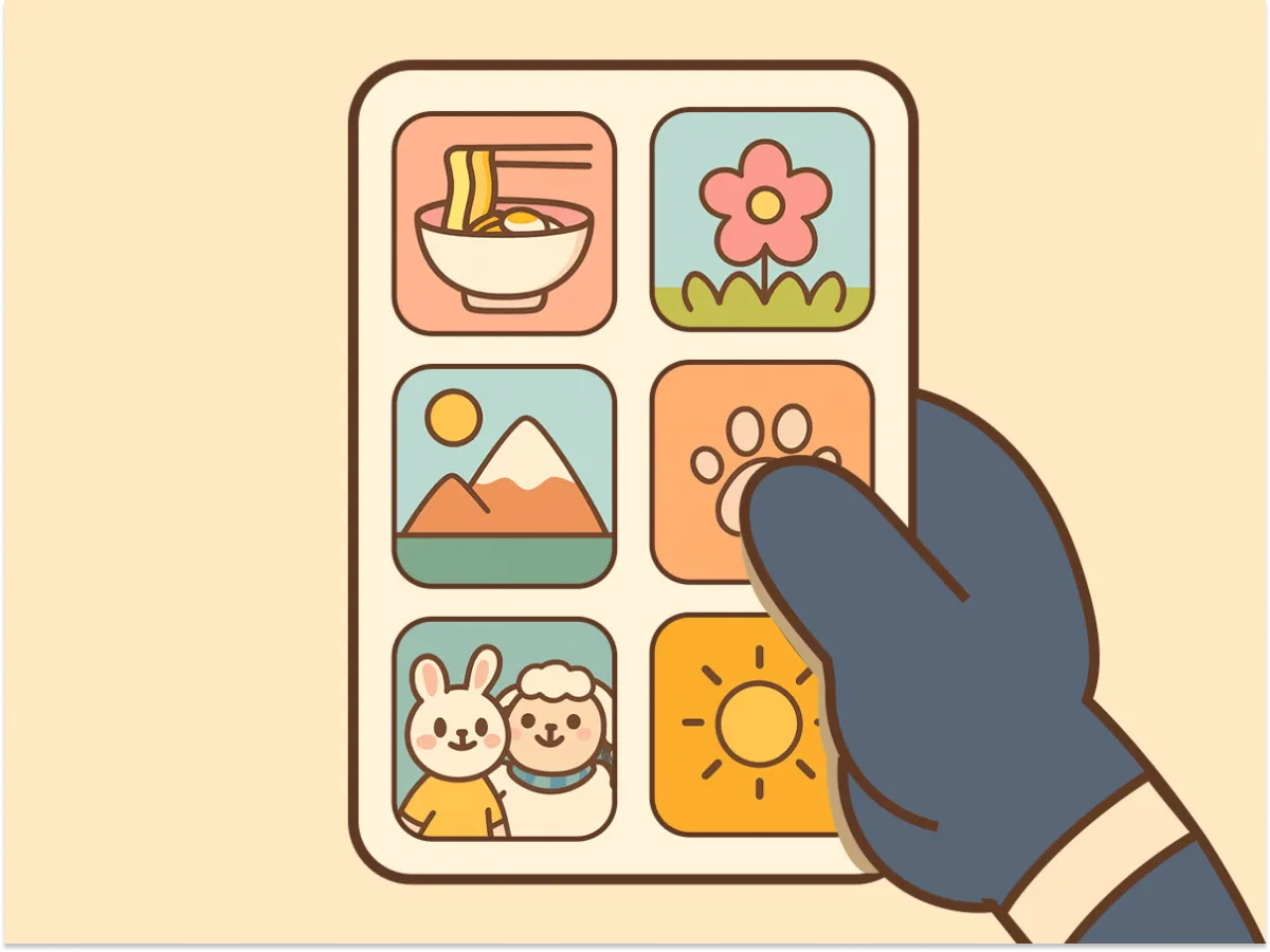 お題に合う写真を選ぶ場面のイラスト