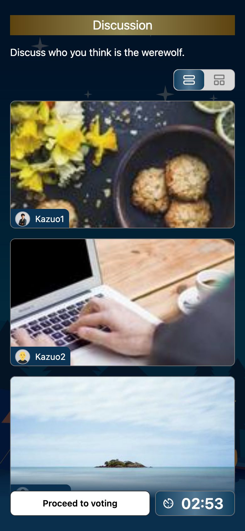 Actual Photo Werewolf screen: discussing while looking at the submitted photos