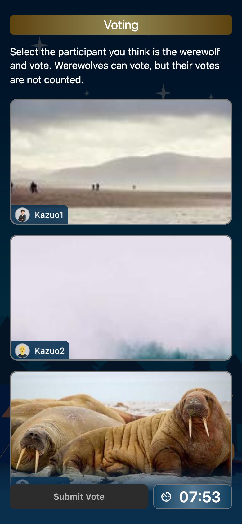 Actual Photo Werewolf screen: voting for the player you find most suspicious